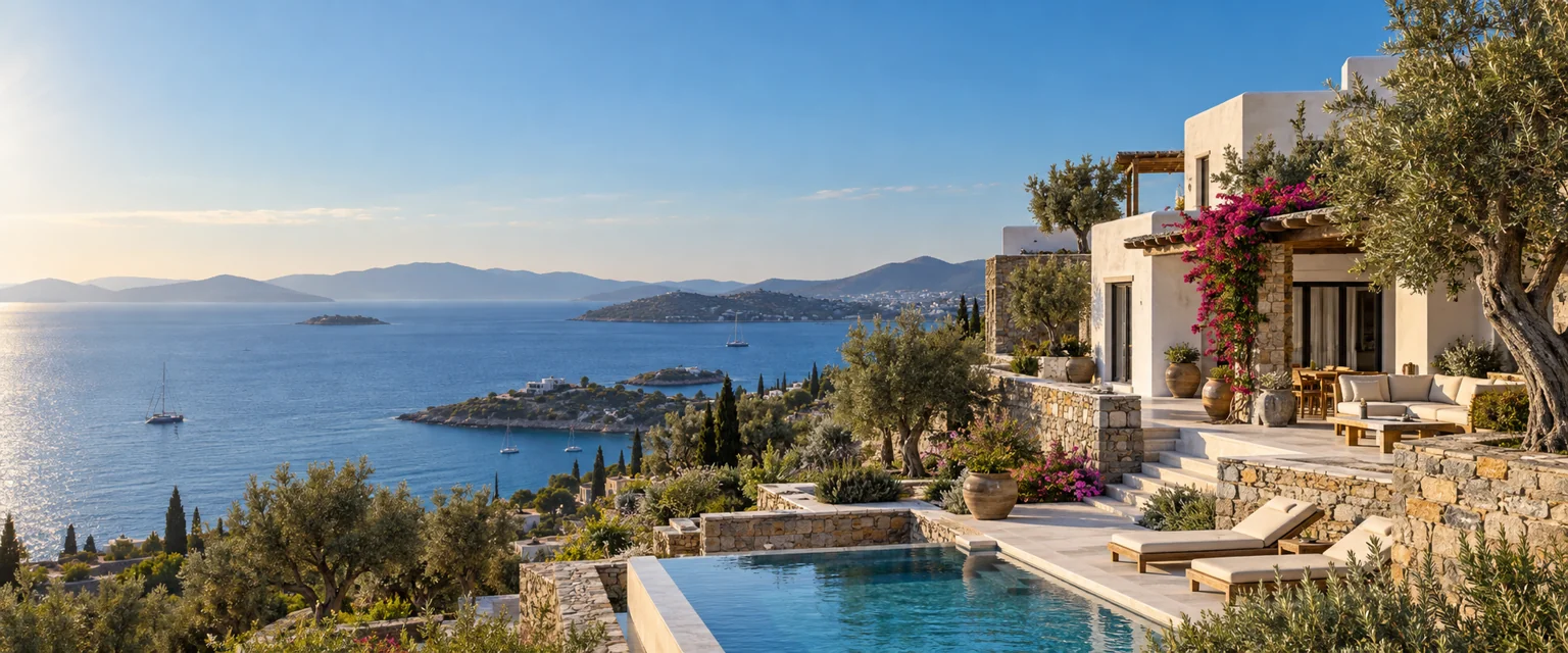 Bodrum kıyı mimarisini yansıtan beyaz konutlar ve Ege manzarası; temsili görsel